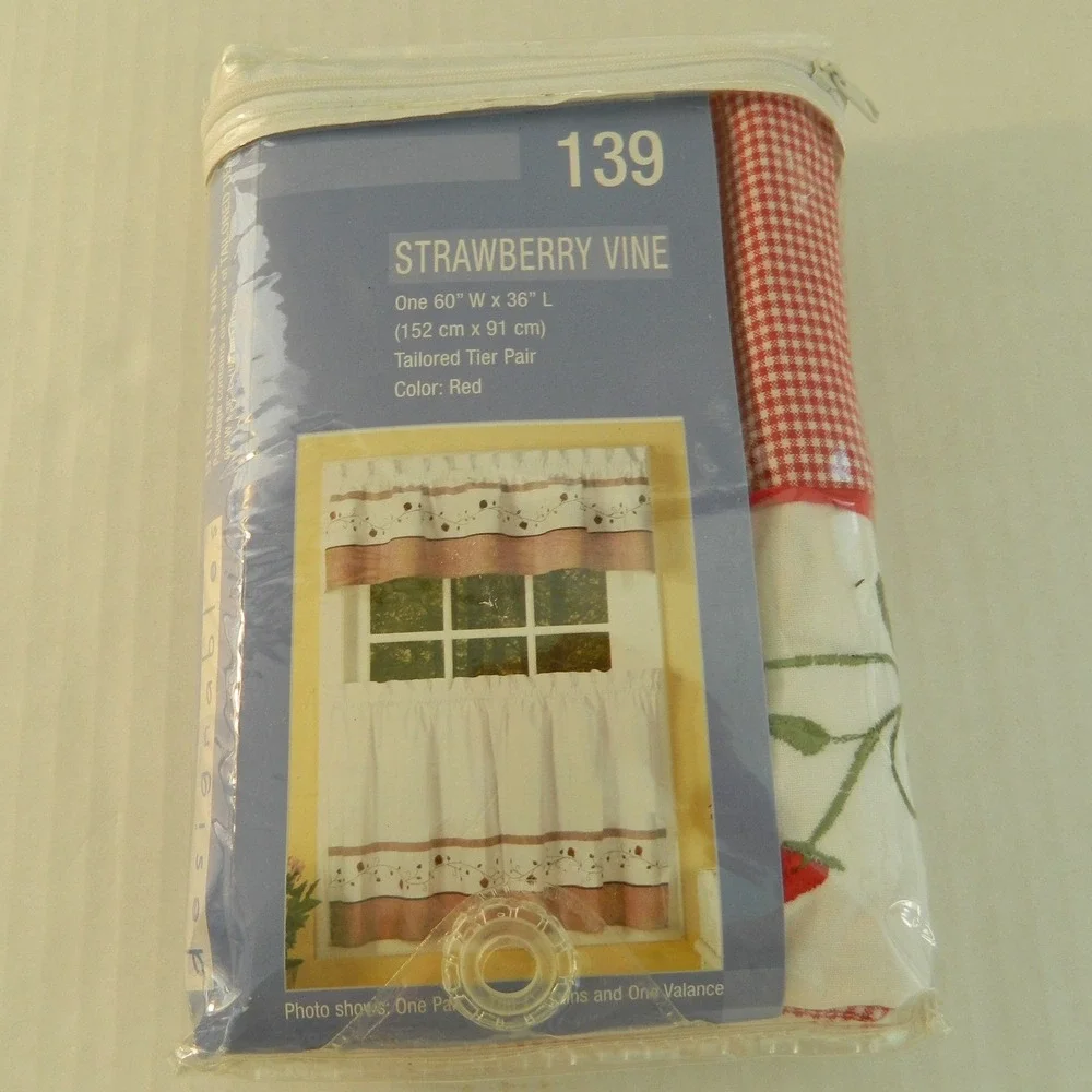 Strawberry Vine Designables 2 Tier Curtains 60x36 Red Gingham Embroidered Cotton